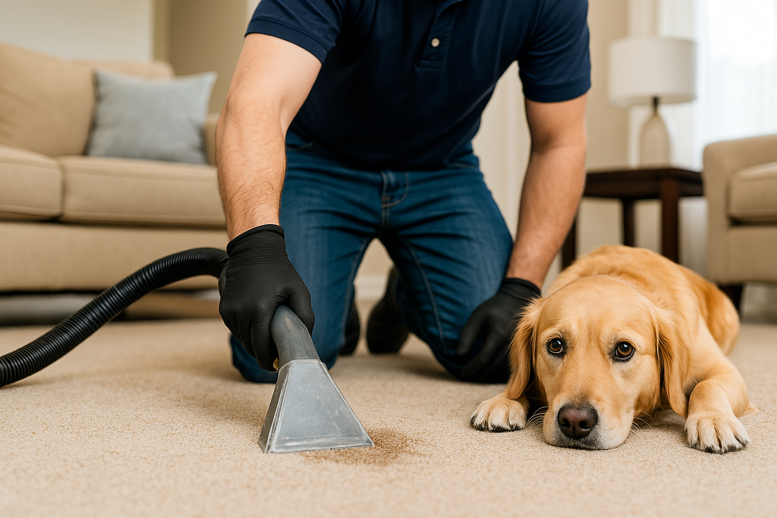 Pet Stain & Odor Removal – Safe Carpet Cleaning for Pet Owners Professional cleaner removing a pet urine stain from a carpet while a dog sits nearby, using safe, eco-friendly extraction tools.