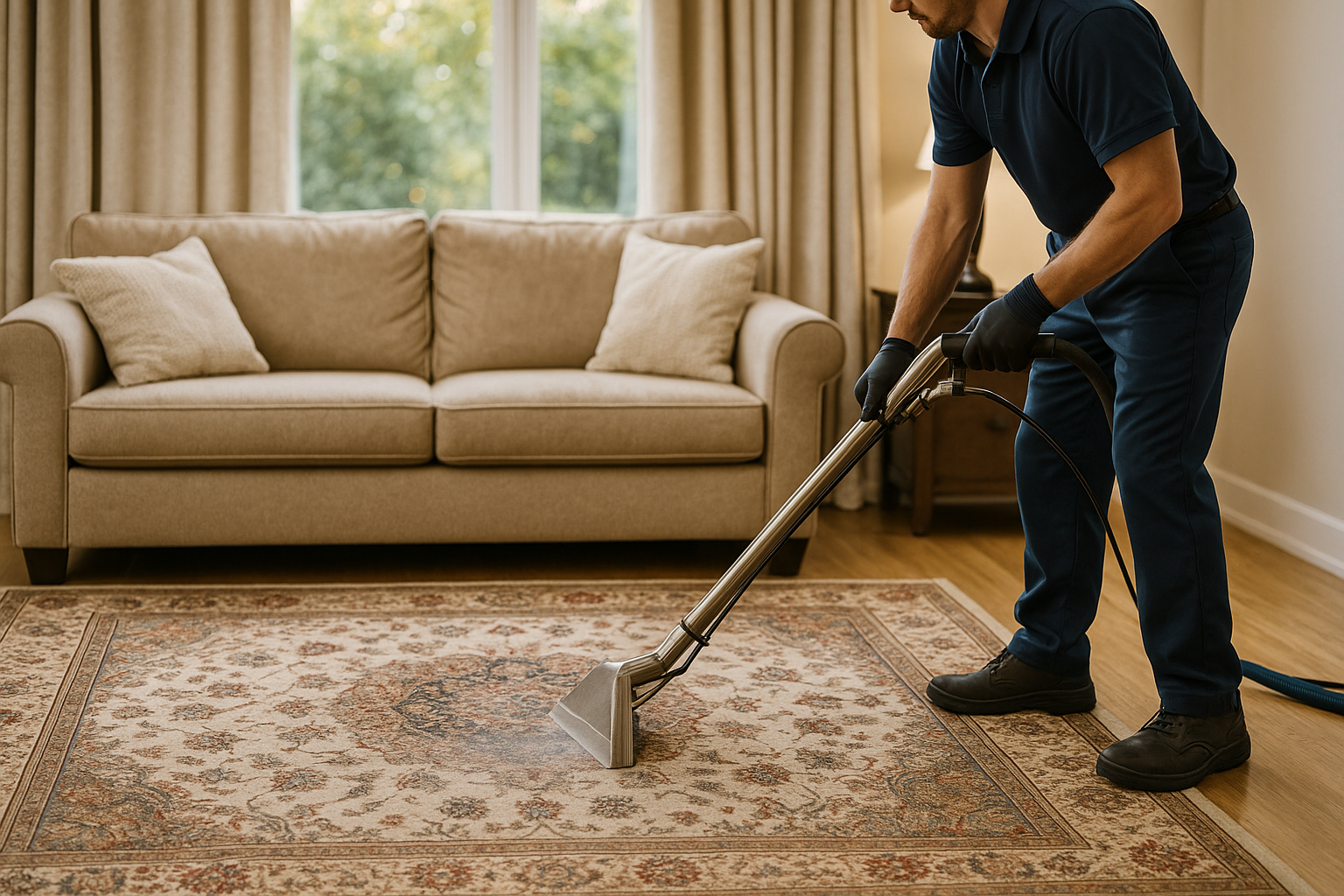 area rug cleaning vancouver Professional cleaner using hot water extraction to deep clean an area rug, removing dirt, stains, and allergens while preserving color and texture.
