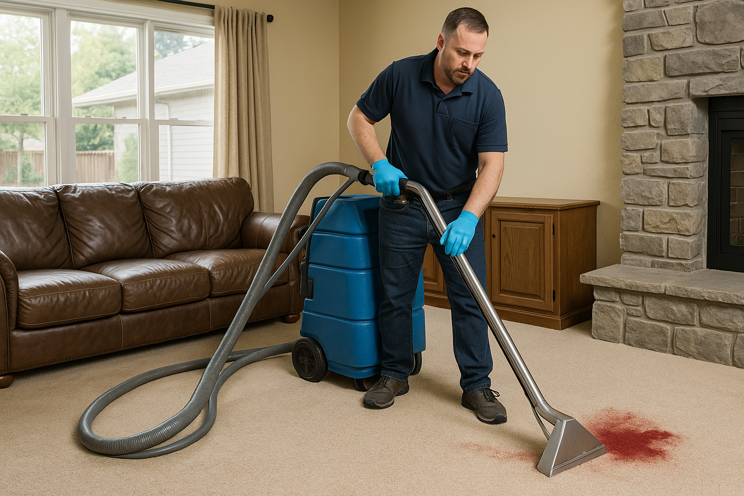 Urgent Stain Removal – Fast Carpet & Upholstery Spot Cleaning Cleaner quickly treating a red wine spill on a beige carpet with a portable spot-cleaning tool in a modern living room.